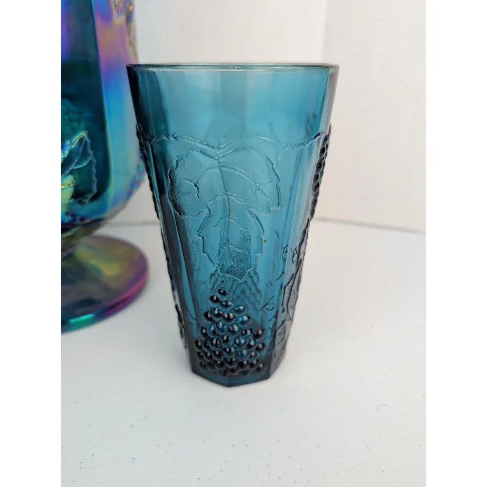 Blue Carnival Glass Harvest Grape Iridescent Pitcher & Tumblers Set 4 Piece Vtg